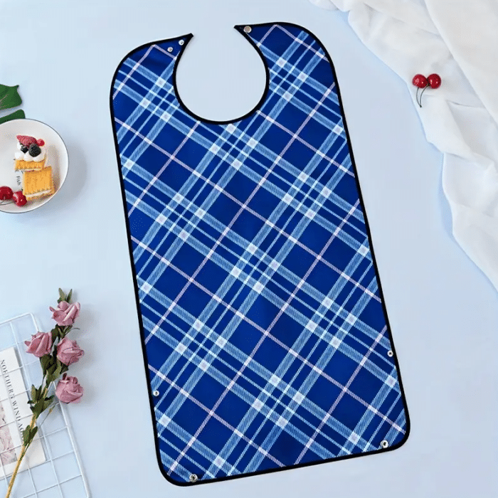 Adult Waterproof Bib with Crumb Catcher - Diagonal Blue