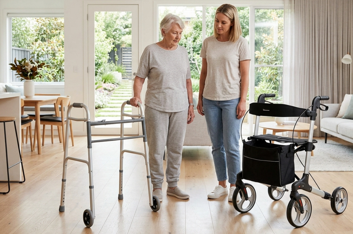 Senior woman compares a four-wheeled rollator walker with a front-wheeled walking frame indoors.