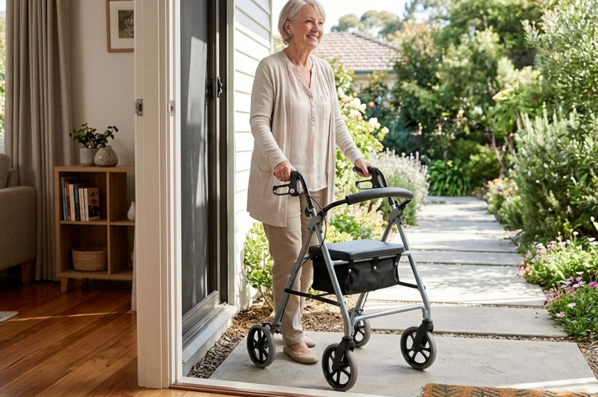 Senior woman using a grey rollator walker transitioning from an indoor living area to an outdoor concrete garden path.